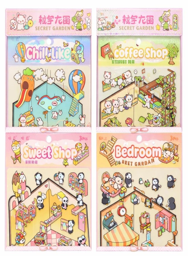 Palap TruGyft® DIY 3D House Stickers Pack of 4 with Tweezer - Cute Cartoon Scene Kits for Kids Small - Dream House-Coffe Shop, Panda Sweet Shop, Child Like, Penguin Bedroom - Image 1